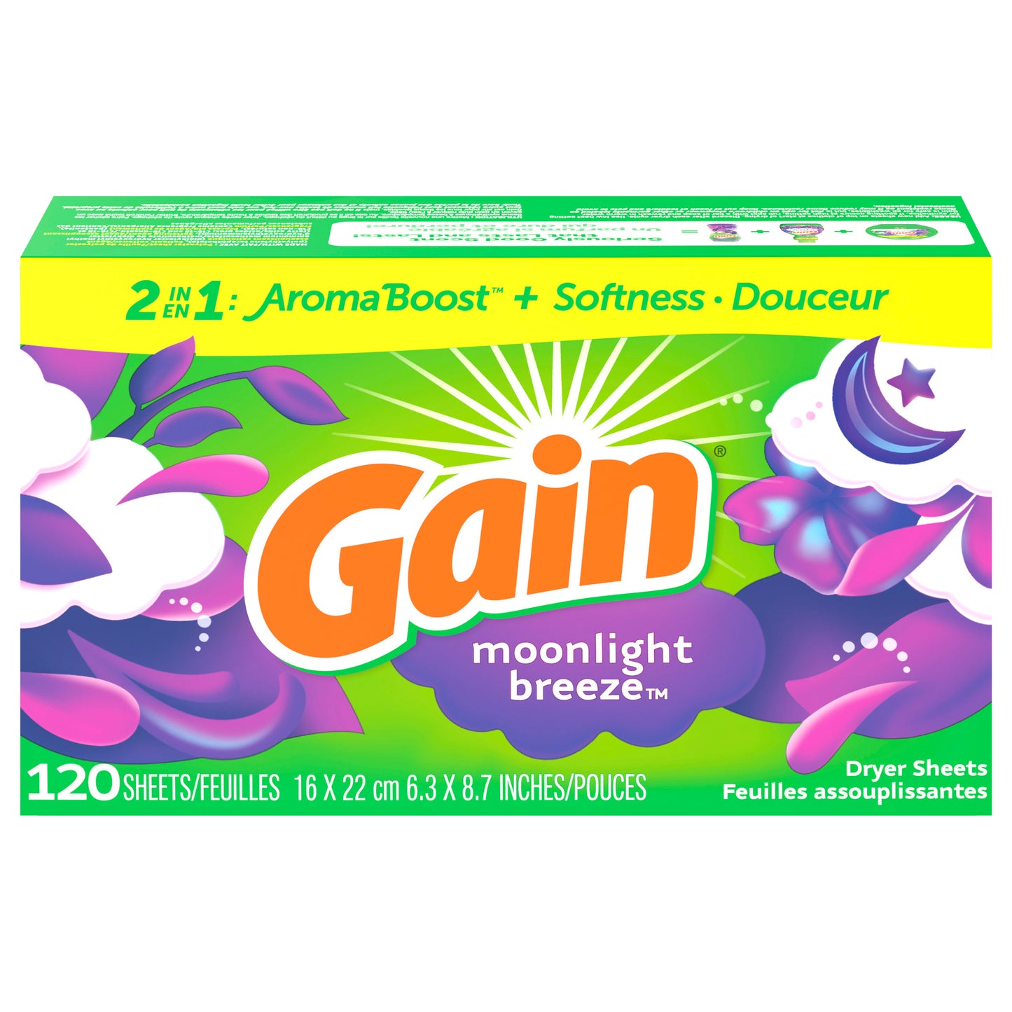 Gain dryer sheets, 120 Count, Moonlight Breeze Scent Laundry Fabric Softener Sheets with 2-in-1 Aromaboost Plus Softness