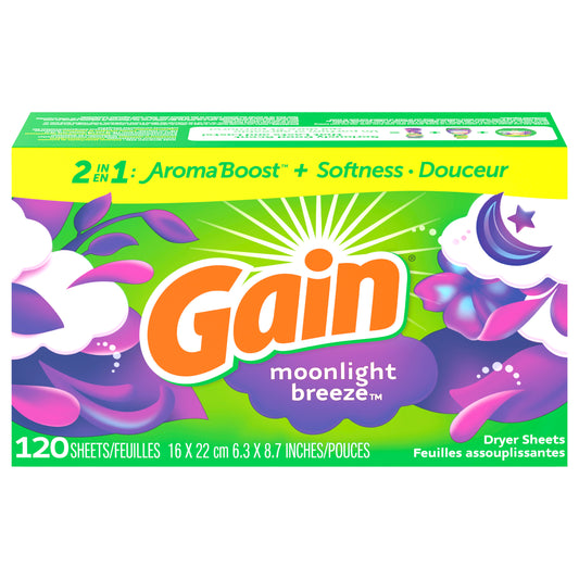 Gain dryer sheets, 120 Count, Moonlight Breeze Scent Laundry Fabric Softener Sheets with 2-in-1 Aromaboost Plus Softness