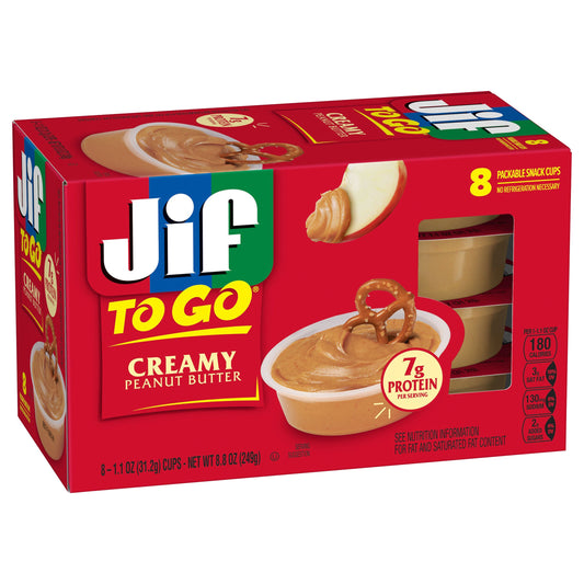 Jif To Go Creamy Peanut Butter, 8 Cups, 1.1 Oz. Each