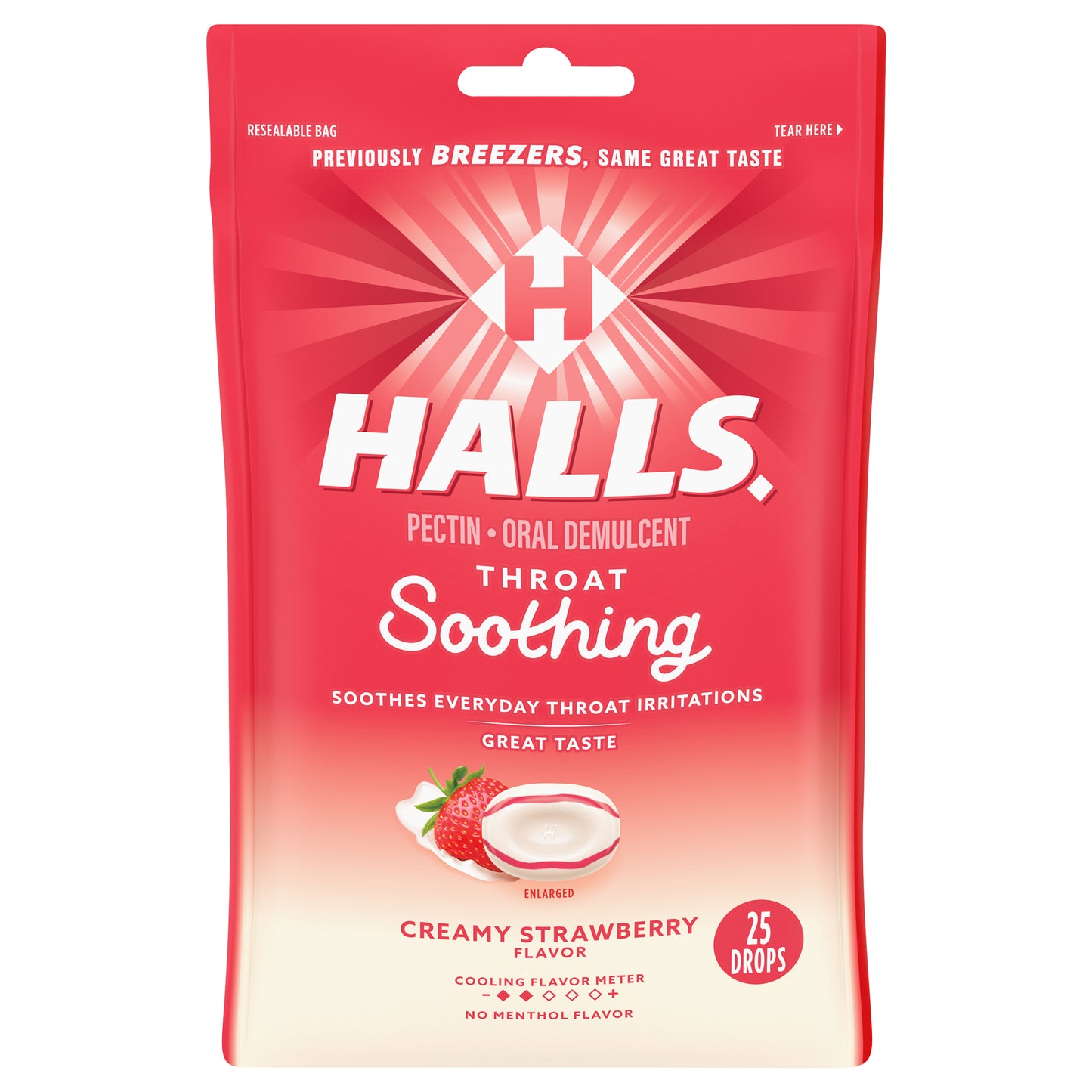 HALLS Throat Soothing (Formerly HALLS Breezers) Creamy Strawberry Throat Drops, 25 Drops