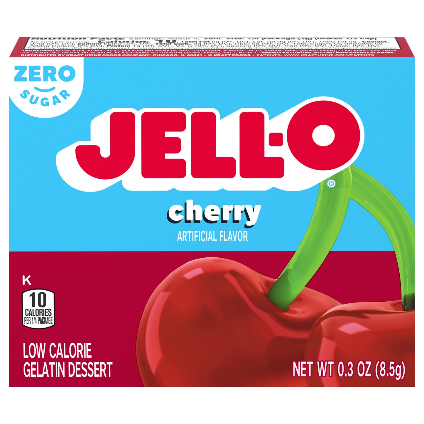 Jell-O Cherry Artificially Flavored Zero Sugar Low Calorie Gelatin Dessert Mix, 0.3 oz Box