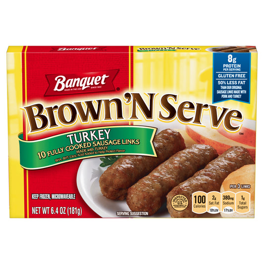 Banquet Brown ‘N Serve Fully Cooked Turkey Sausage Links, Frozen Meat, 10 Count, 6.4 OZ