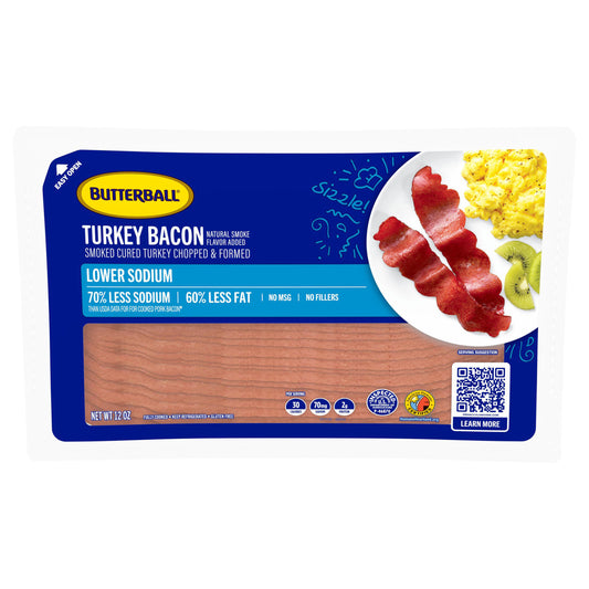 Butterball Turkey Bacon, Lower Sodium, Smoke-Cured, Chopped and Formed, 12 oz