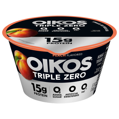Oikos Triple Zero Peach 15g Protein, 0g Added Sugar, Nonfat Greek Yogurt, 5.3 OZ Cup