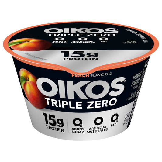 Oikos Triple Zero Peach 15g Protein, 0g Added Sugar, Nonfat Greek Yogurt, 5.3 OZ Cup