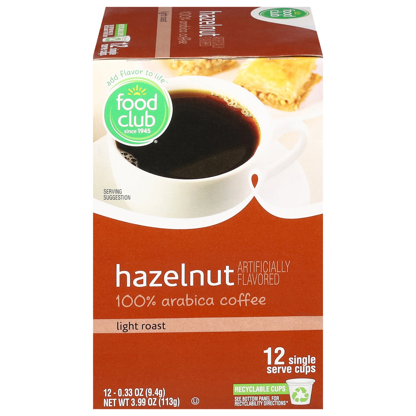 Food Club 100% Arabica Light Roast Hazelnut Coffee 12 Single Serve Cups