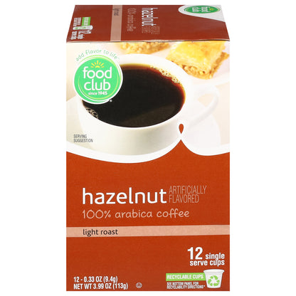 Food Club 100% Arabica Light Roast Hazelnut Coffee 12 Single Serve Cups