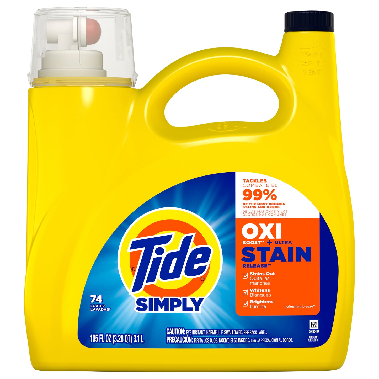 Tide Simply Oxi Boost + Ultra Stain Release, 137 fl oz, 96 Loads, Tough on Stains, Whitens, Brightens, Refreshing Breeze Scent