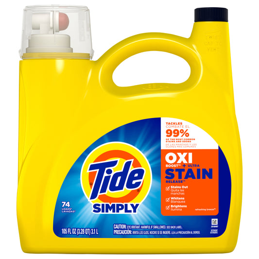Tide Simply Oxi Boost + Ultra Stain Release, 137 fl oz, 96 Loads, Tough on Stains, Whitens, Brightens, Refreshing Breeze Scent