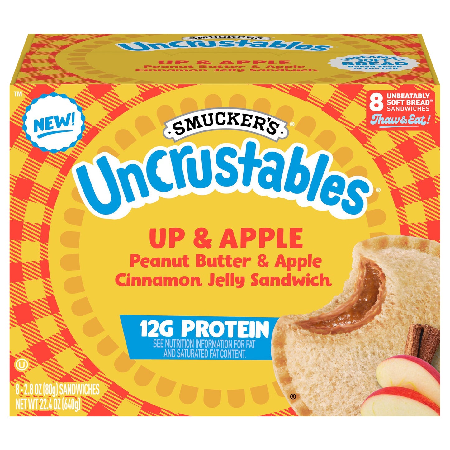 Smucker’s Uncrustables Up & Apple Morning Protein Snacks, Peanut Butter & Apple Cinnamon Jelly Sandwiches on Wheat Bread, 8 Count, 2.8 Oz. Each (Frozen)