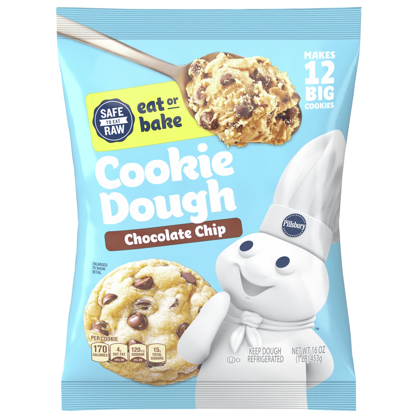 Pillsbury Ready To Bake Refrigerated Cookie Dough, Chocolate Chip, 12 Big Cookies, 16 oz
