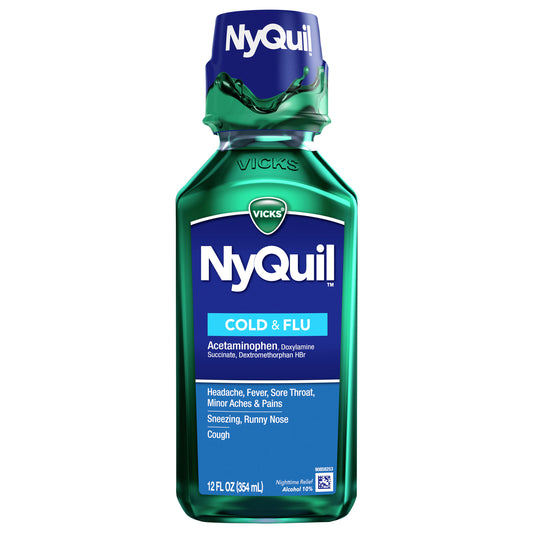 Vicks NyQuil Cold & Flu Relief Liquid Over-the-Counter Medicine, Powerful Multi-Symptom Nighttime Relief for Headache, Fever, Sore Throat, Minor Aches and Pains, Sneezing, Runny Nose, and Cough, 12 FL OZ