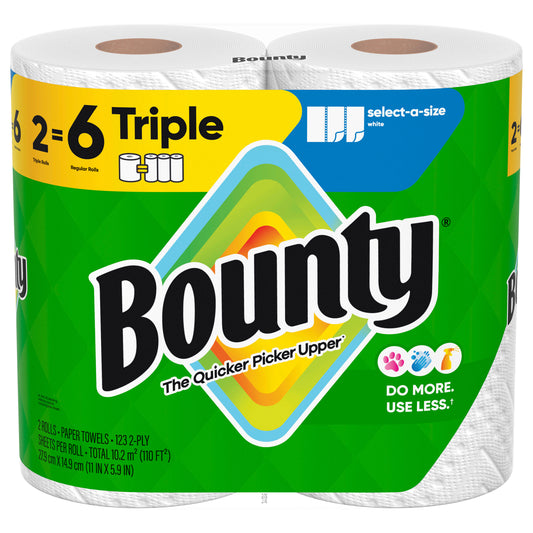 Bounty Paper Towels Select-A-Size White, 2 Triple Rolls, 123 Sheets Per Roll
