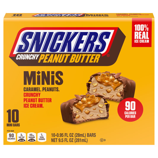 SNICKERS Ice Cream Minis, Milk Chocolatey, Caramel and Crunchy Peanut Butter Ice Cream Bars, 10 Pack, 9.5 Oz
