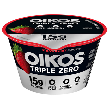 Oikos Triple Zero Strawberry 15g Protein, No Sugar Added, Nonfat Greek Yogurt, 5.3 OZ Cup