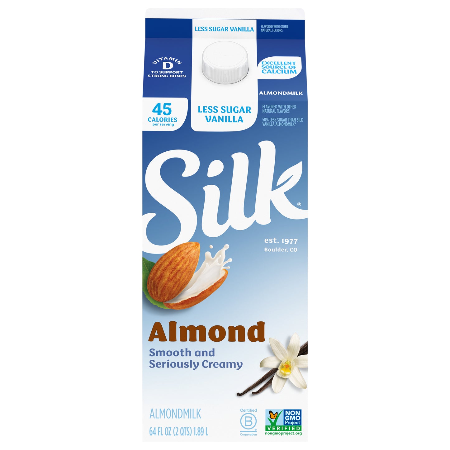 Silk Almond Milk, Vanilla, Less Sugar, Dairy Free, Gluten Free, 64 FL OZ Half Gallon