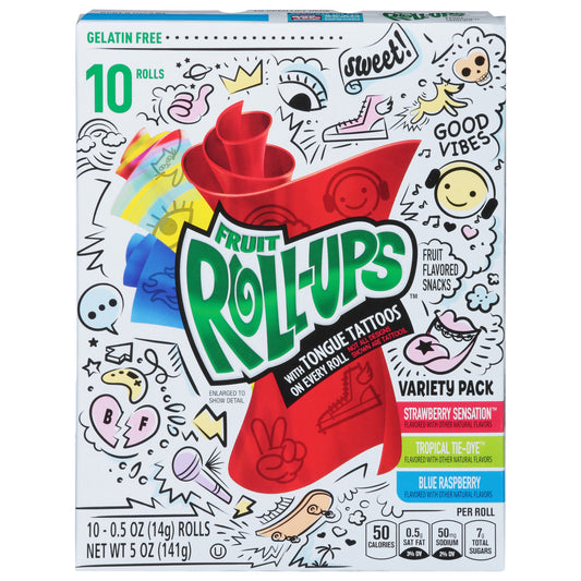 Fruit Roll-Ups Strawberry Sensation/Tropical Tie-Dye/Blue Raspberry Fruit Flavored Snacks Variety Pack 10 ea