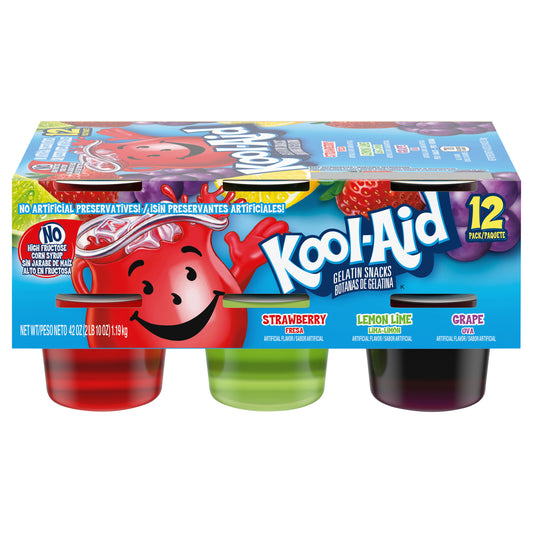 Kool-Aid Sugar-Sweetened Strawberry, Lemon Lime & Grape Artificially Flavored Jell-O Ready-to-Eat Jello Cups Gelatin Snack Variety Pack, 12 ct Cups