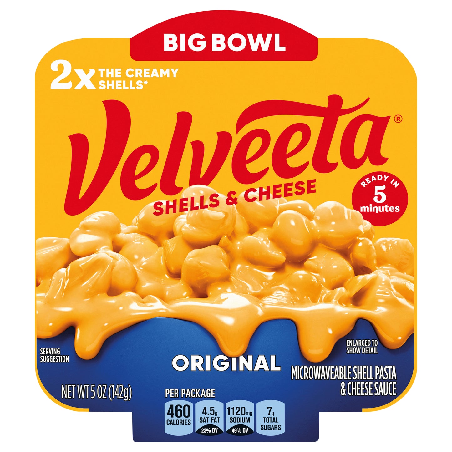 Velveeta Shells & Cheese Original Shell Pasta with 2X the Creamy Shells Big Bowl Microwave Meal, 5 oz Tray