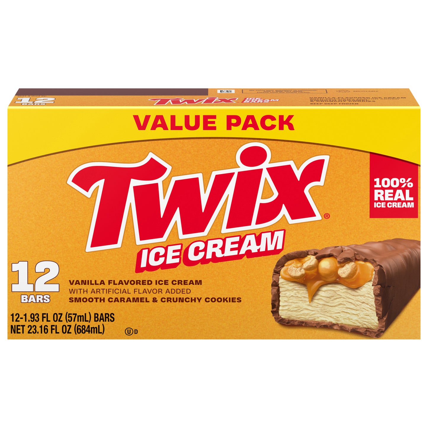 TWIX Ice Cream Bars Vanilla Caramel Chocolatey Cookie Dessert Bar Individually Wrapped, 12 Pack, 1.93 Oz Bars