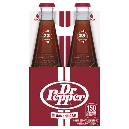 Dr Pepper Made with Cane Sugar Soda, 12 fl oz glass bottles, 4 pack