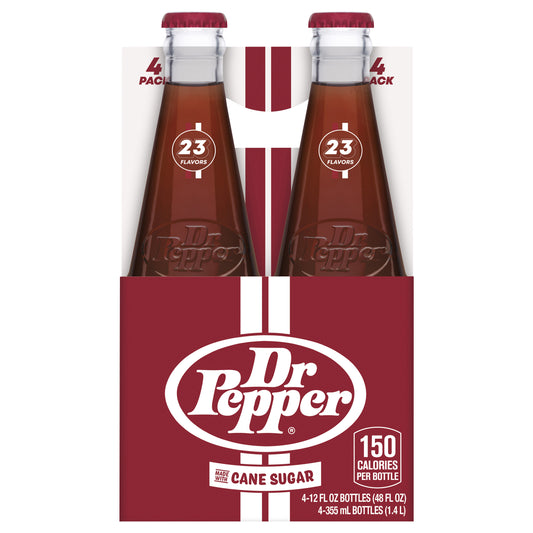 Dr Pepper Made with Cane Sugar Soda, 12 fl oz glass bottles, 4 pack
