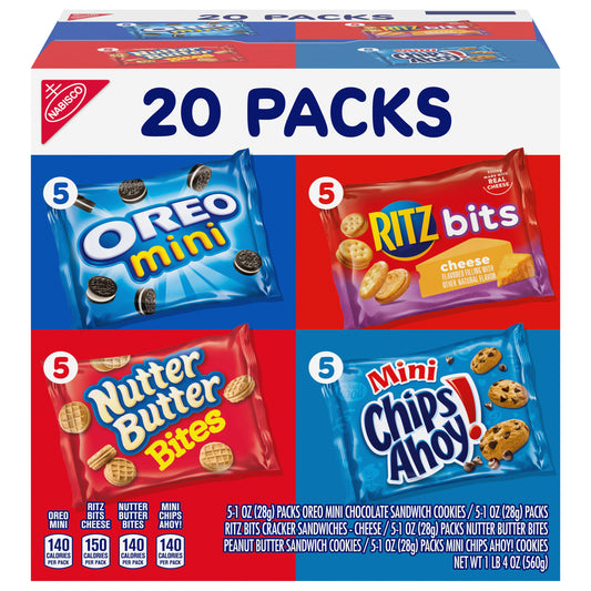 Nabisco Classic Mix Variety Pack, OREO Mini, CHIPS AHOY! Mini, Nutter Butter Bites, RITZ Bits Cheese, 20 - 1 oz Snack Packs