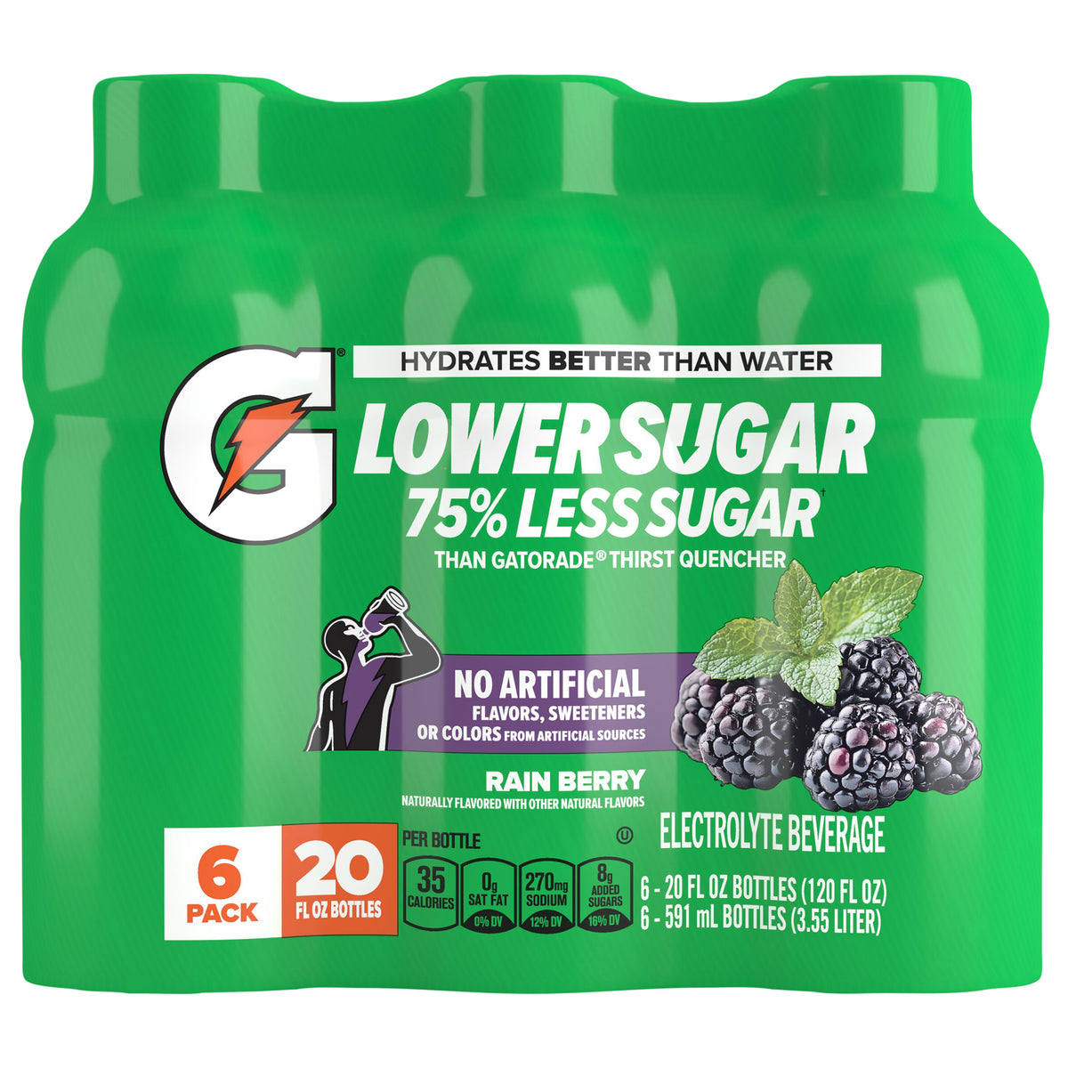 Gatorade Lower Sugar Electrolyte Beverage Rain Berry 20 Fl Oz, 6 Count
