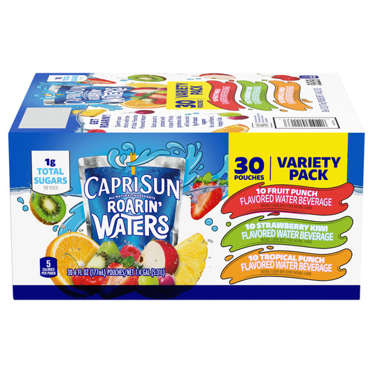 Capri Sun Roarin' Waters Fruit Punch, Strawberry Kiwi & Tropical Punch Flavored with other natural flavor Water Beverage, 30 ct Box, 6 fl oz Drink Pouches