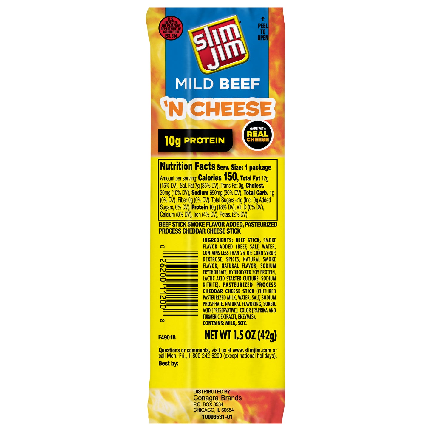 Slim Jim Beef and Cheese Stick, Mild Flavor, 1.5 Oz.