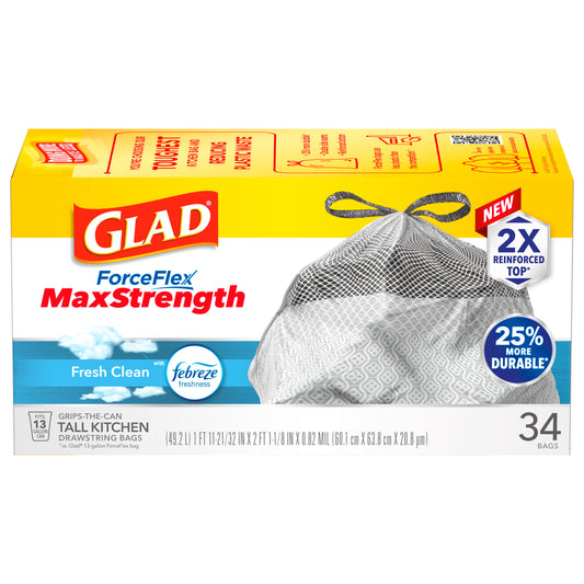 Glad ForceFlexPlus Tall Kitchen Drawstring  Fresh Clean with Febreze Trash Bags