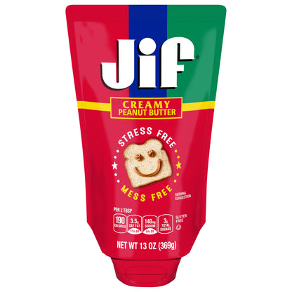 Jif Squeeze Creamy Peanut Butter, 13 oz. - Smooth, Creamy Texture, Portable Peanut Butter Pouch