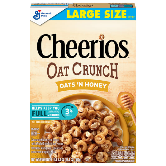 Cheerios Oat Crunch Oats 'N Honey Breakfast Cereal, Made with Whole Grain, Large Size, 18.2 oz
