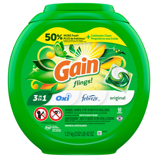 Gain flings Laundry Detergent Soap Pacs, HE Compatible, 60 ct, Long Lasting Scent, Original Scent
