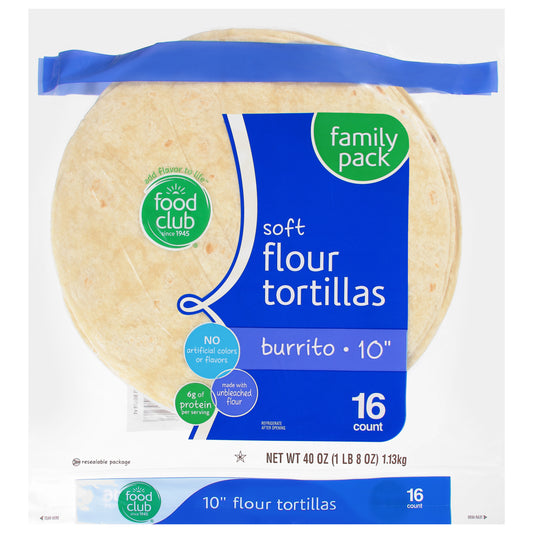 Food Club 10 Inch Soft Burrito Flour Tortillas Family Pack 16 ea