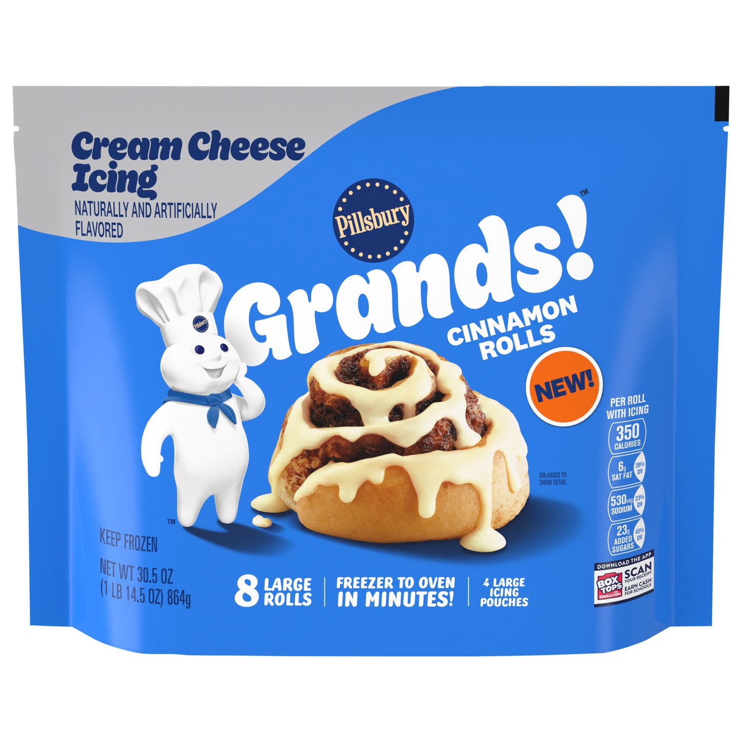 Pillsbury Grands! Cinnamon Rolls with Cream Cheese Icing, Frozen Dough, 8 Ct, 30.5 oz