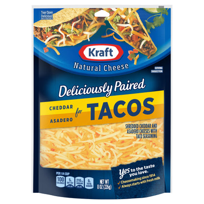 Kraft Deliciously Paired Cheddar & Asadero Shredded Cheese with Taco Seasoning for Tacos, 8 oz Bag