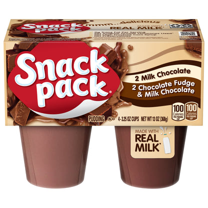 Snack Pack Milk Chocolate and Chocolate Fudge/Milk Chocolate Pudding, 4 Count Pudding Cups (12 Pack)