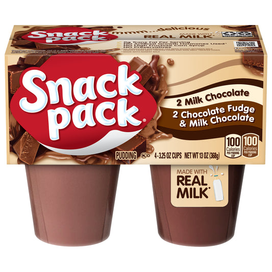 Snack Pack Milk Chocolate and Chocolate Fudge/Milk Chocolate Pudding, 4 Count Pudding Cups (12 Pack)
