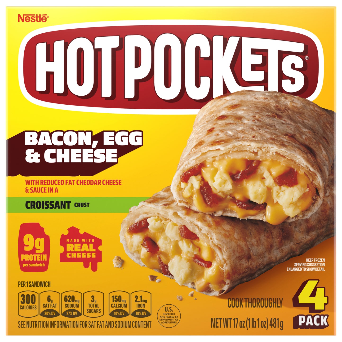 Hot Pockets Bacon Egg and Cheese, Frozen Snacks, Air Fryer Snacks, 9g Protein, 4PK