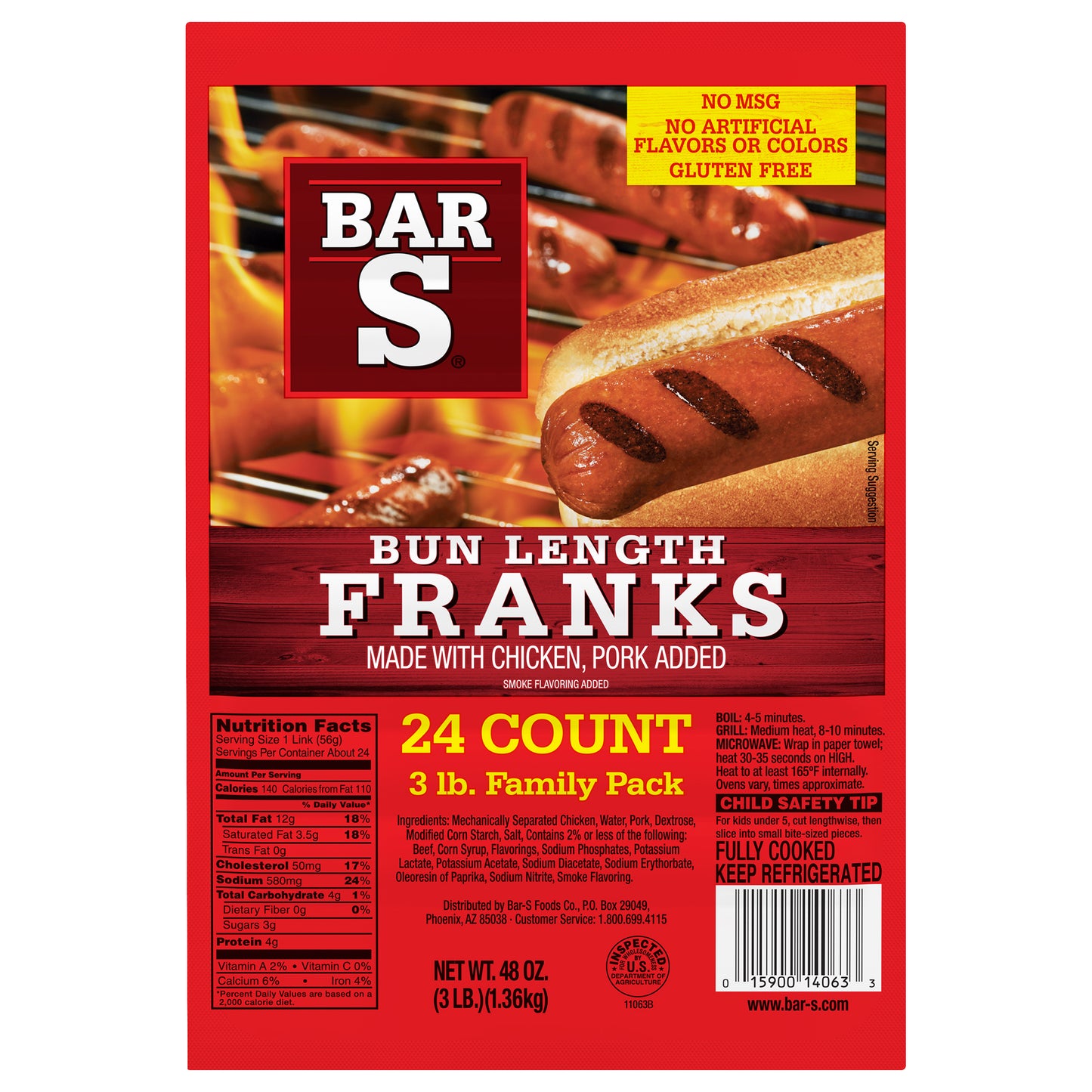 Bar-S Bun Length Franks Hot Dogs, 24 Franks Per Package, 3 Pound Family Pack