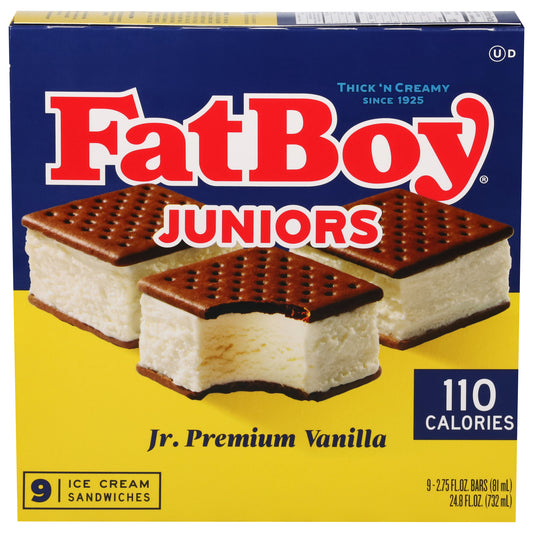 FatBoy Juniors Jr. Premium Vanilla Ice Cream Sandwiches 9 - 2.75 fl oz Bars