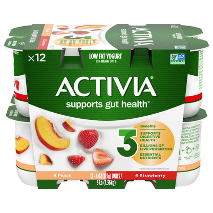 Activia Peach and Strawberry Probiotic Yogurt, Lowfat Yogurt Cups, 4 OZ, 12 Ct