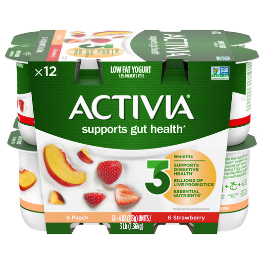 Activia Peach and Strawberry Probiotic Yogurt, Lowfat Yogurt Cups, 4 OZ, 12 Ct