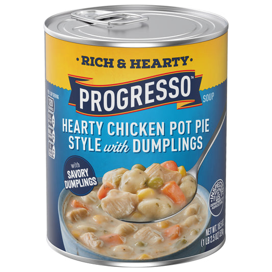 Progresso Hearty Chicken Pot Pie Style with Dumplings Soup, Rich and Hearty Canned Soup, 18.5 oz