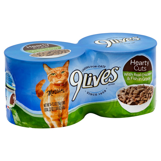 9Lives Cat Food 4 ea - Hearty Cuts With Real Chickent & Fish in Gravy