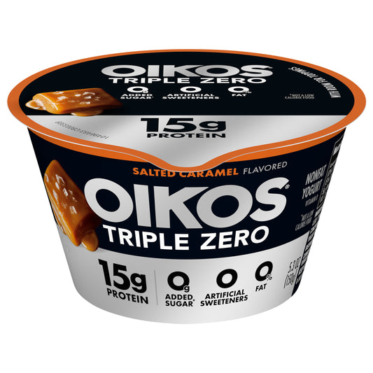 Oikos Triple Zero Salted Caramel 15g Protein, No Sugar Added, Nonfat Greek Yogurt, 5.3 OZ Cup