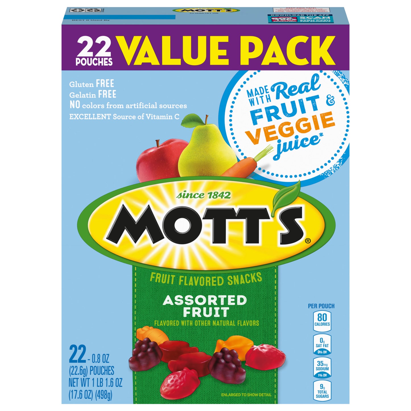Mott's Fruit Flavored Snacks, Assorted Fruit, Pouches, 0.8 oz, 22 ct