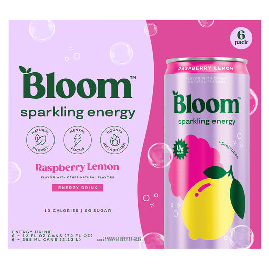 Bloom Raspberry Lemon Sparkling Energy Drink, 12 fl oz cans, 6 pack