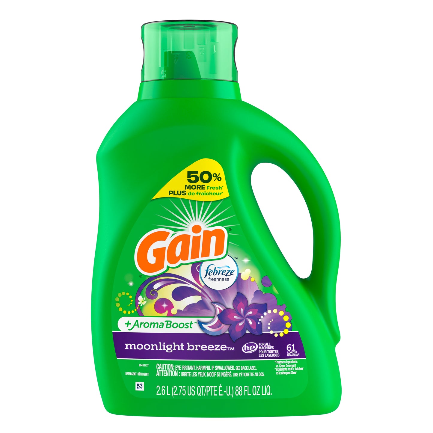Gain + Aroma Boost Liquid Laundry Detergent, Moonlight Breeze Scent, 45 Loads, 65 fl oz, HE Compatible